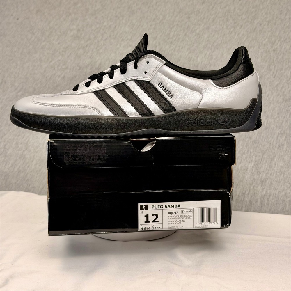 Adidas Puig Samba Silver Metallic Black Skateboarding Shoes HQ4747 Mens Size 12